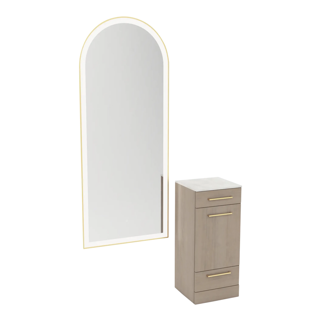 Rococo Mobile Styling Station with Tilt-out Appliance Holder, Solid Surface Countertop, and Gold Full-Length Arch Paloma Mirror - Kaemark