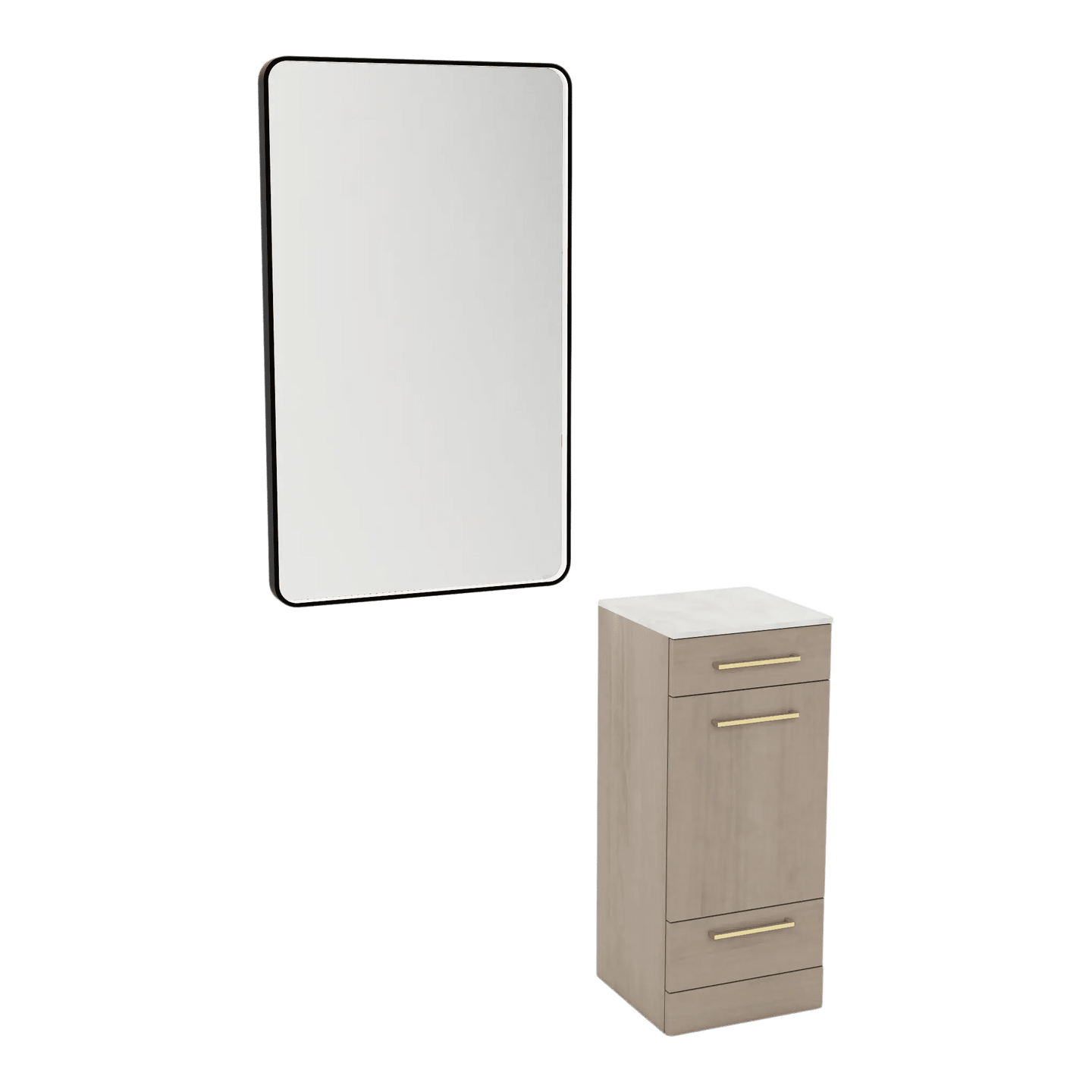 Rococo Mobile Styling Station with Tilt-out Appliance Holder, Solid Surface Countertop, and Black Rectangle Westin Mirror - Kaemark