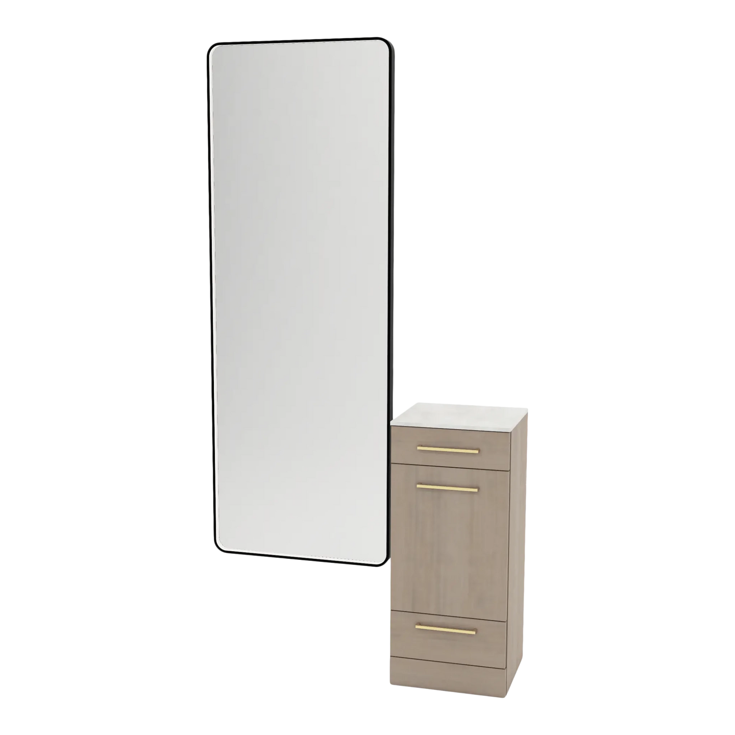 Rococo Mobile Styling Station with Tilt-out Appliance Holder, Solid Surface Countertop, and Black Full-Length Rectangle Westin Mirror - Kaemark