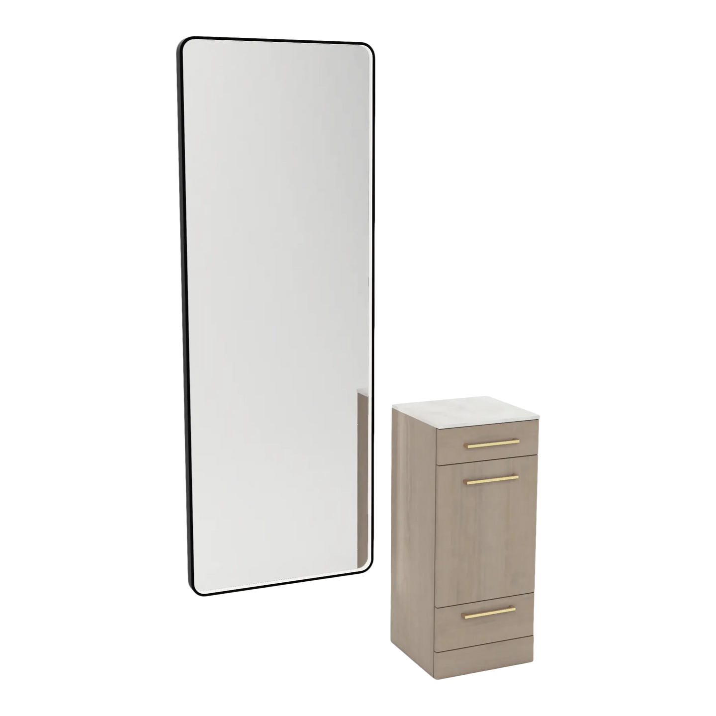 Rococo Mobile Styling Station with Tilt-out Appliance Holder, Solid Surface Countertop, and Black Full-Length Rectangle Westin Mirror - Kaemark