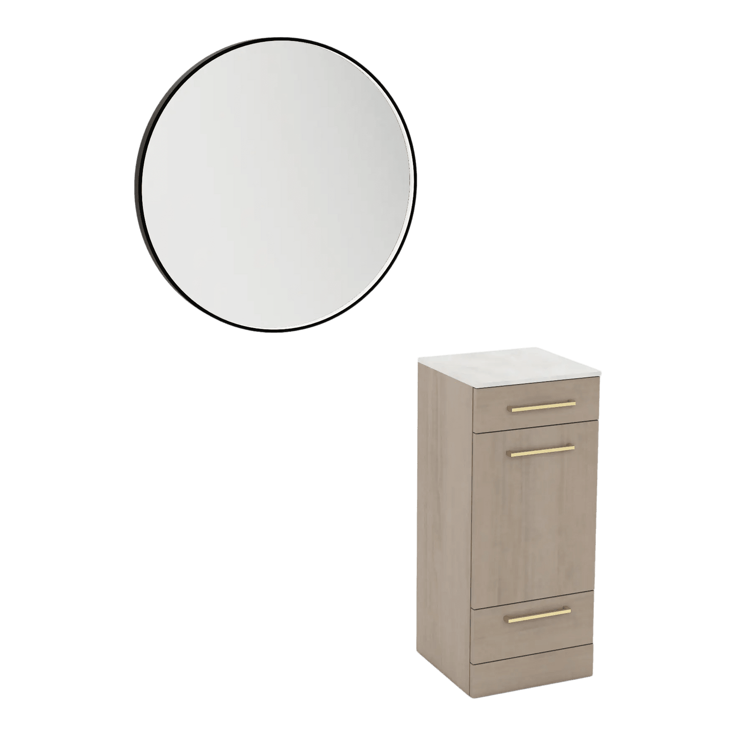 Rococo Mobile Styling Station with Tilt-out Appliance Holder, Solid Surface Countertop, and Black Round Westin Mirror - Kaemark