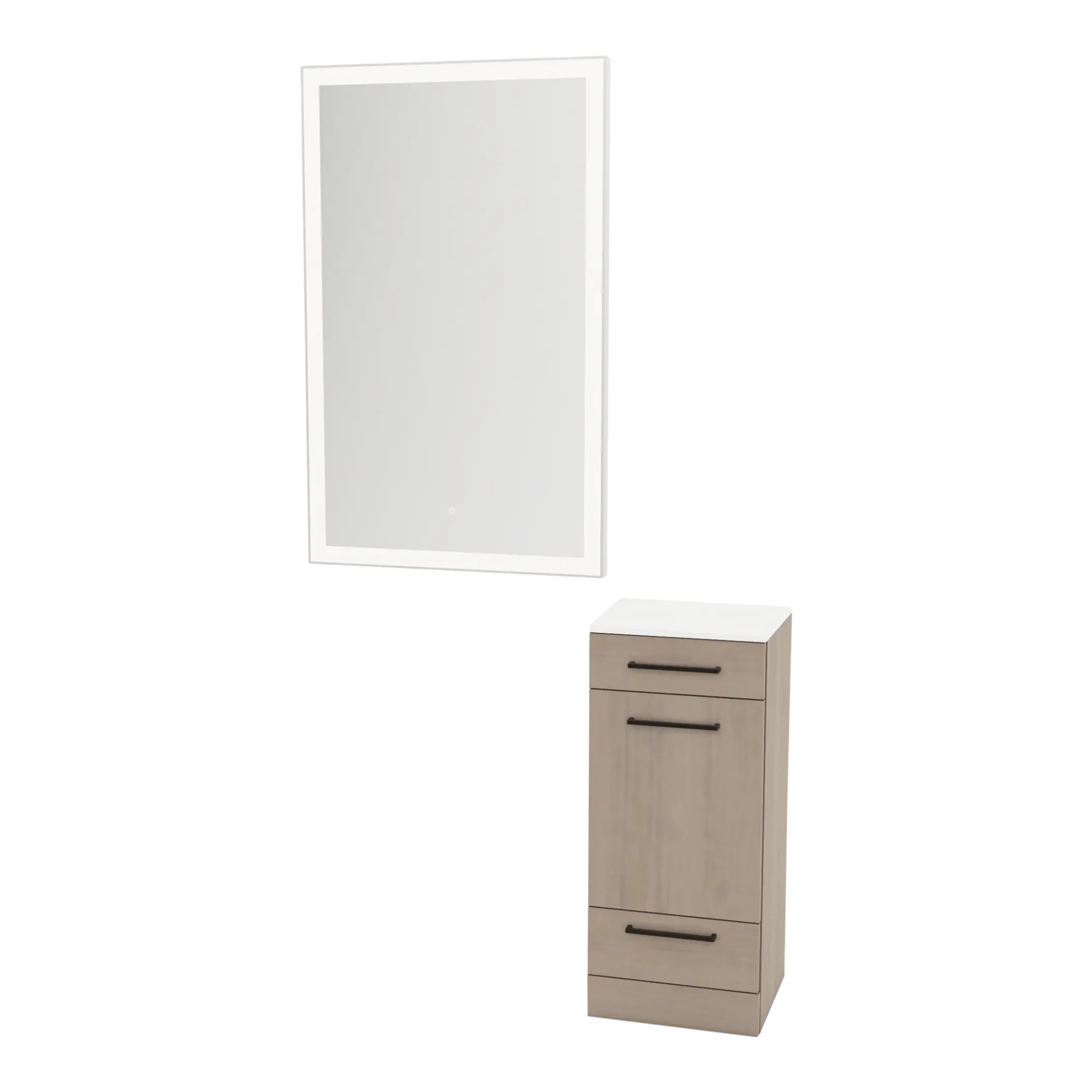 Rococo Mobile Styling Station with Tilt-out Appliance Holder, Solid Surface Countertop, and Silver Rectangle Glo Mirror - Kaemark