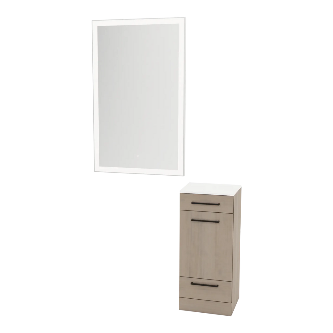 Rococo Mobile Styling Station with Tilt-out Appliance Holder, Solid Surface Countertop, and Silver Rectangle Glo Mirror - Kaemark
