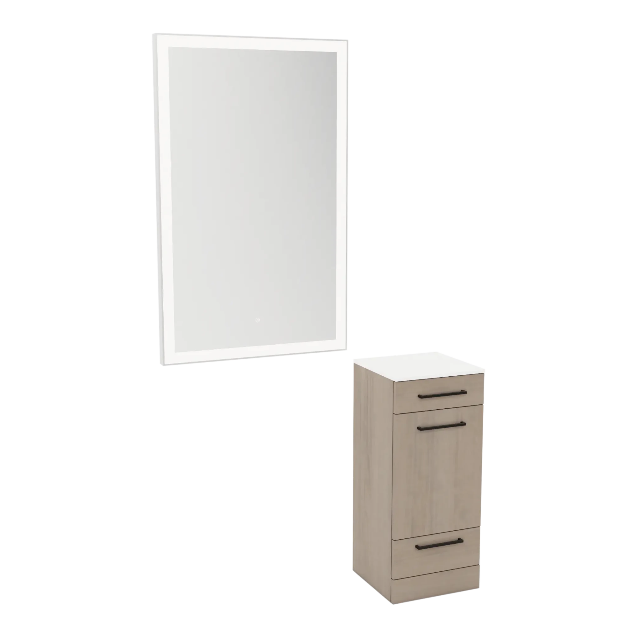 Rococo Mobile Styling Station with Tilt-out Appliance Holder, Solid Surface Countertop, and Silver Rectangle Glo Mirror - Kaemark
