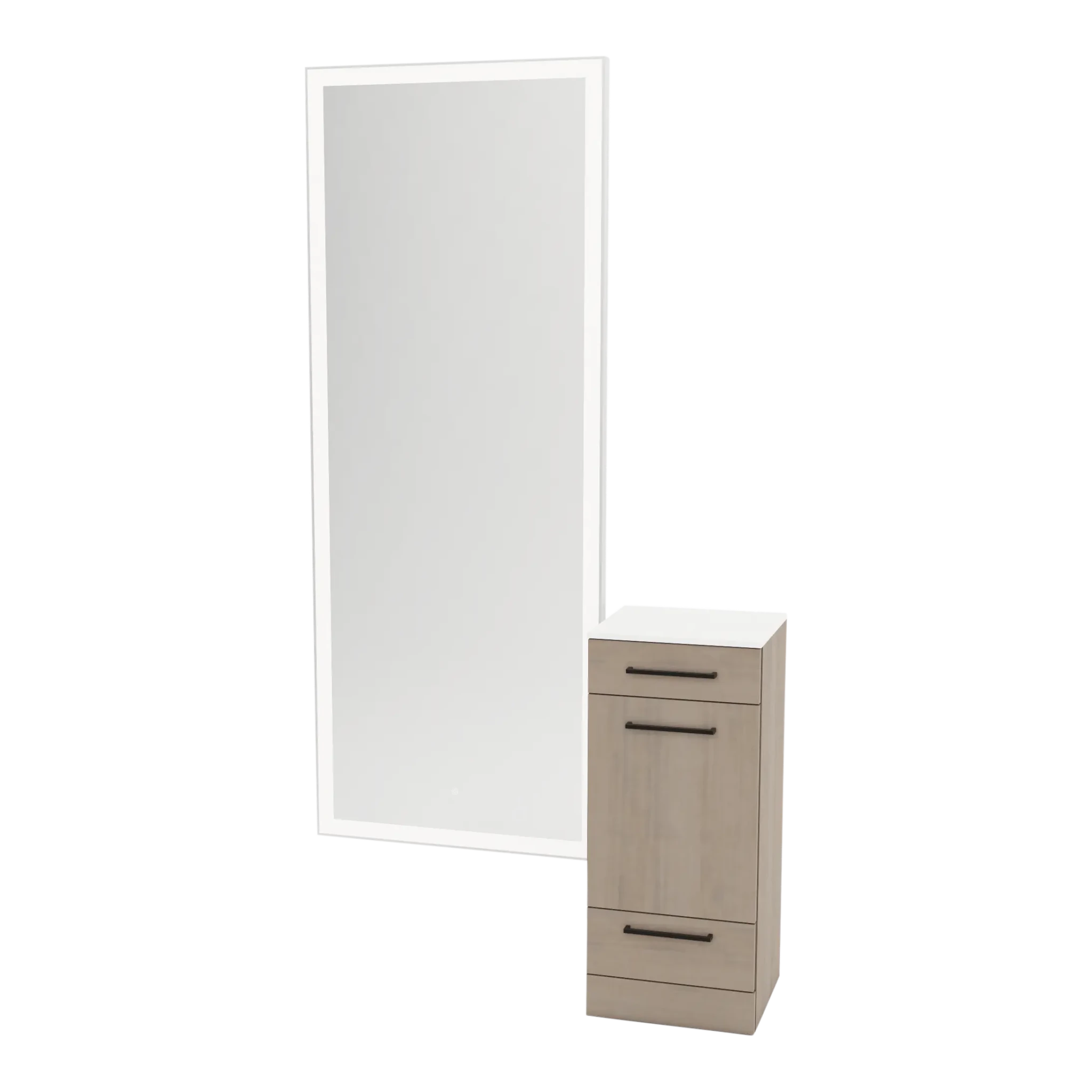 Rococo Mobile Styling Station with Tilt-out Appliance Holder, Solid Surface Countertop, and Silver Full-Length Rectangle Glo Mirror - Kaemark