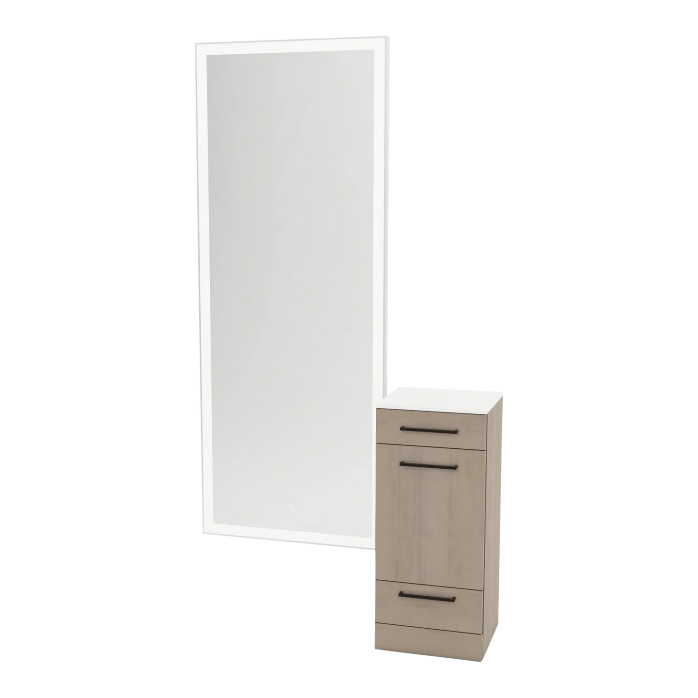 Rococo Mobile Styling Station with Tilt-out Appliance Holder, Solid Surface Countertop, and Silver Full-Length Rectangle Glo Mirror - Kaemark