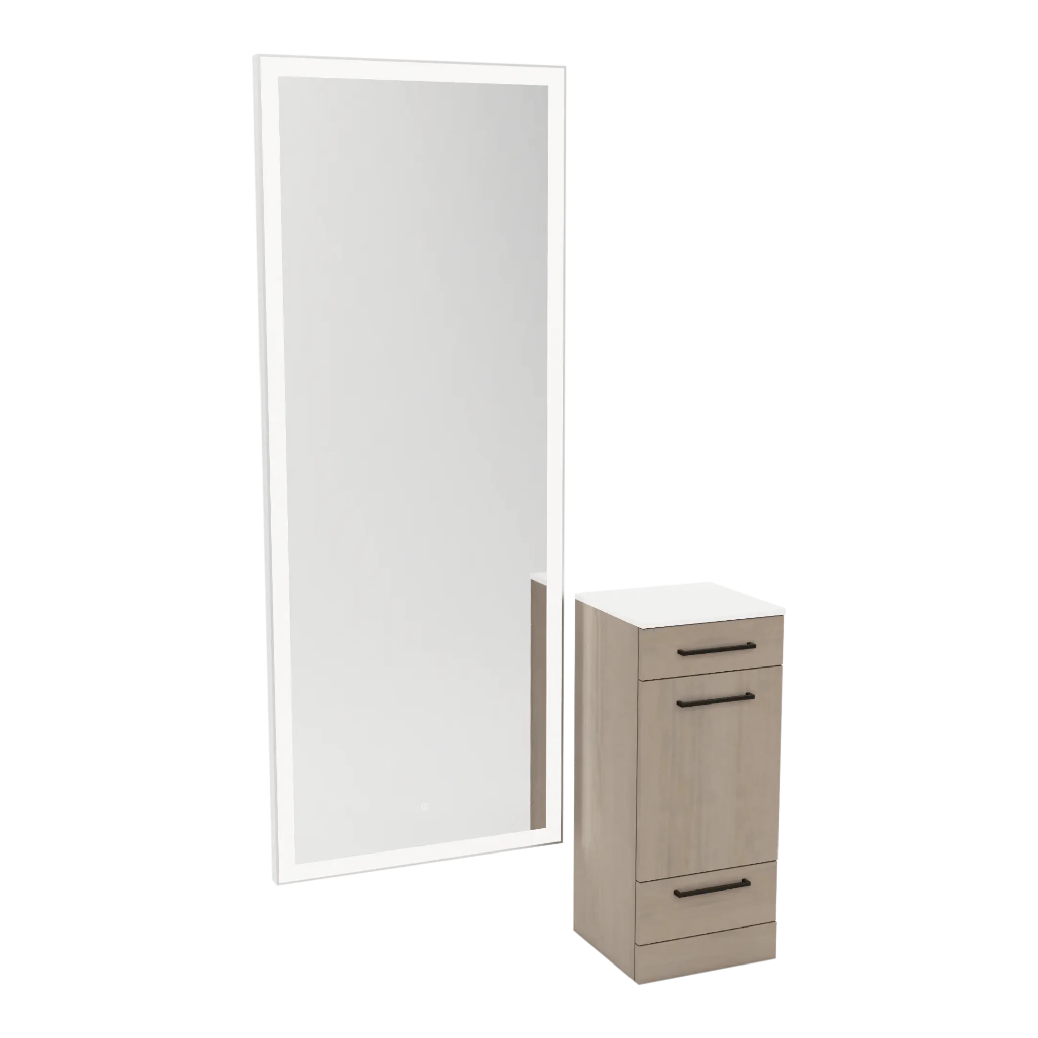 Rococo Mobile Styling Station with Tilt-out Appliance Holder, Solid Surface Countertop, and Silver Full-Length Rectangle Glo Mirror - Kaemark