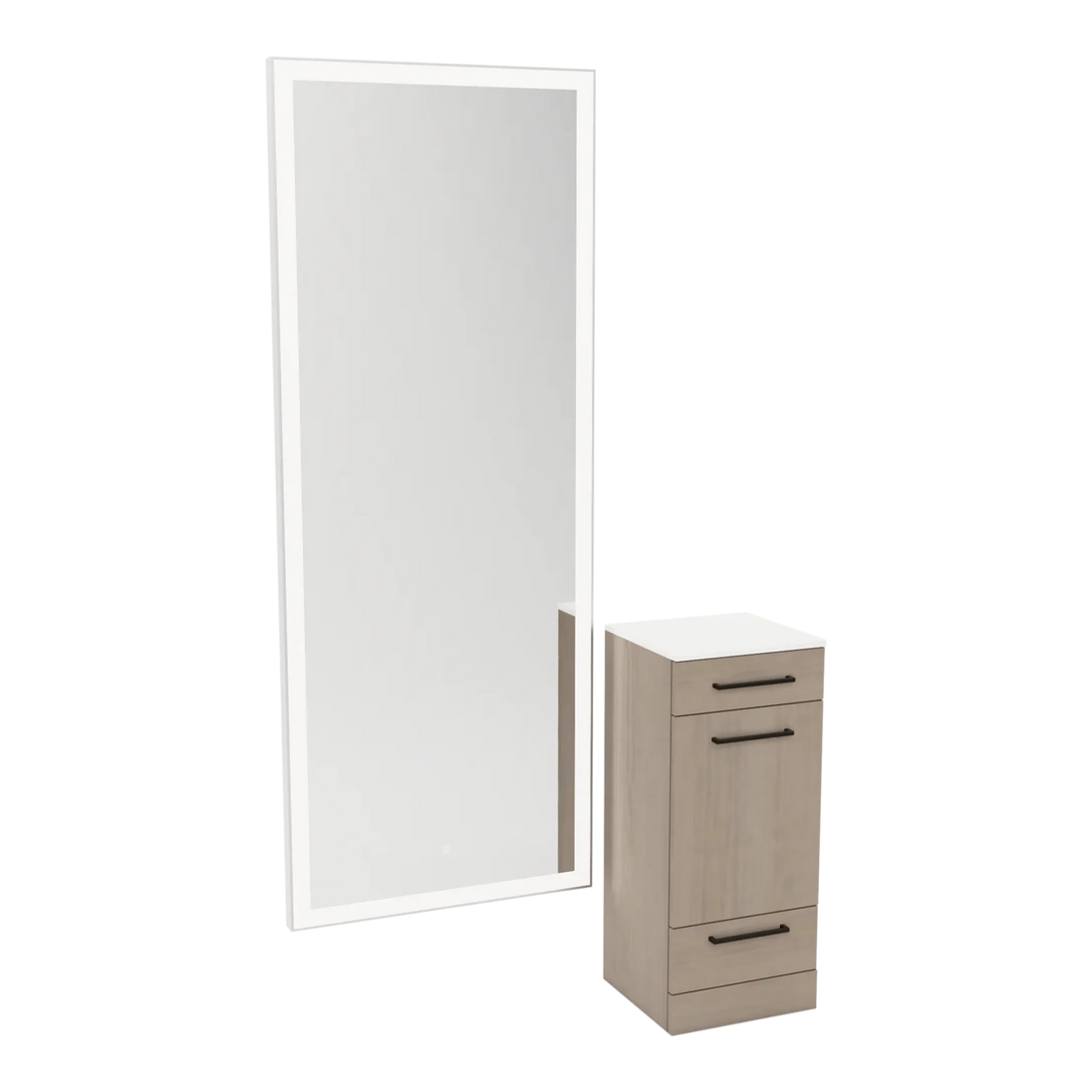 Rococo Mobile Styling Station with Tilt-out Appliance Holder, Solid Surface Countertop, and Silver Full-Length Rectangle Glo Mirror - Kaemark
