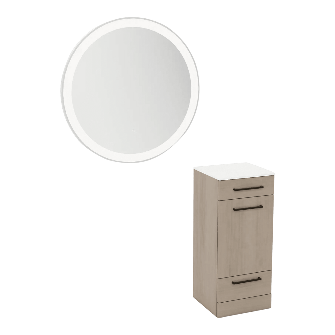 Rococo Mobile Styling Station with Tilt-out Appliance Holder, Solid Surface Countertop, and Silver Round Glo Mirror - Kaemark