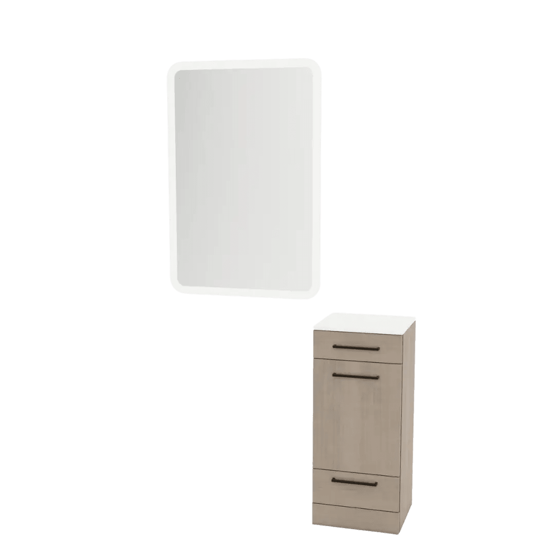Rococo Mobile Styling Station with Tilt-out Appliance Holder, Solid Surface Countertop, and White Rectangle Illuminate Back Lit Mirror - Kaemark