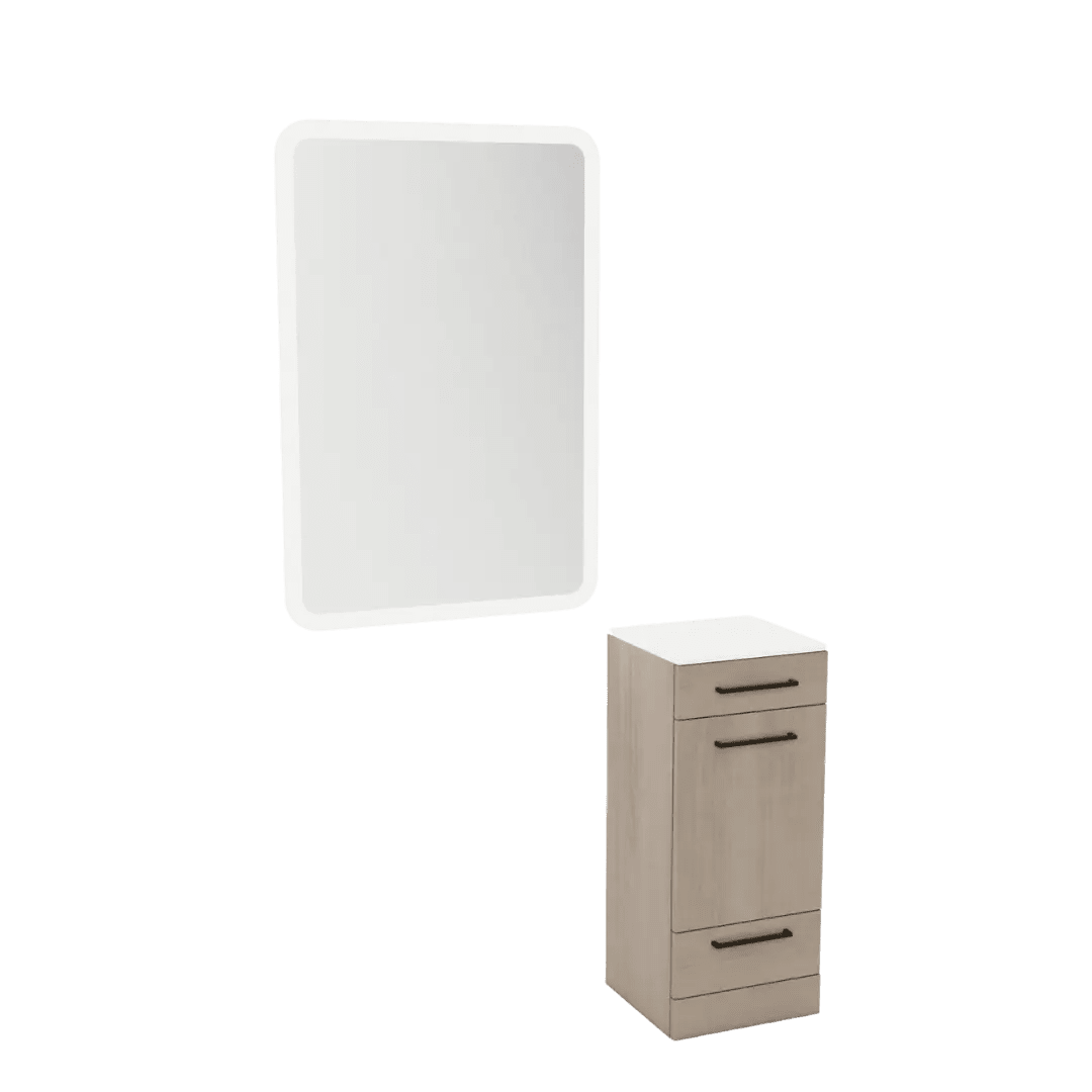 Rococo Mobile Styling Station with Tilt-out Appliance Holder, Solid Surface Countertop, and White Rectangle Illuminate Back Lit Mirror - Kaemark