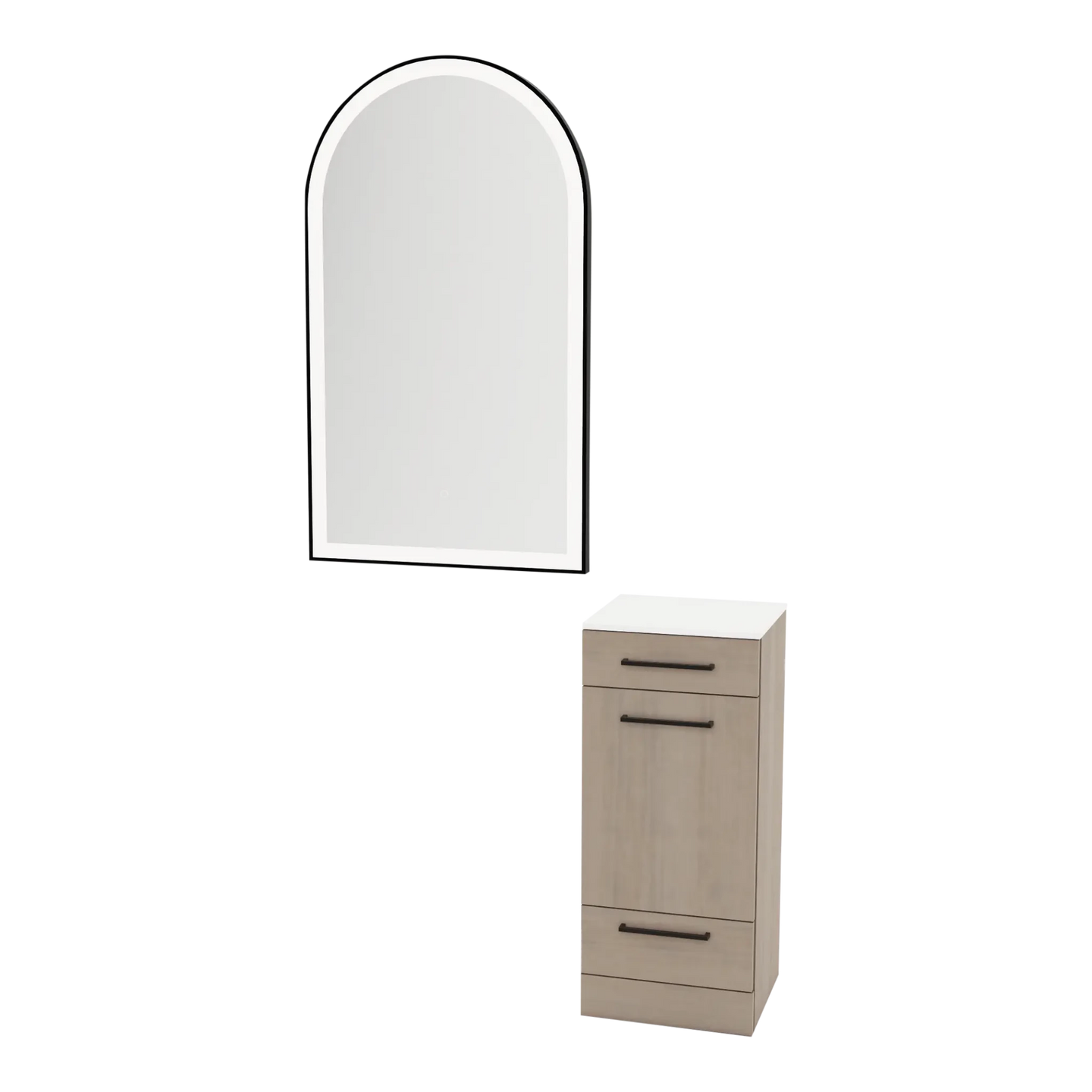 Rococo Mobile Styling Station with Tilt-out Appliance Holder, Solid Surface Countertop, and Black Arch Paloma Mirror - Kaemark