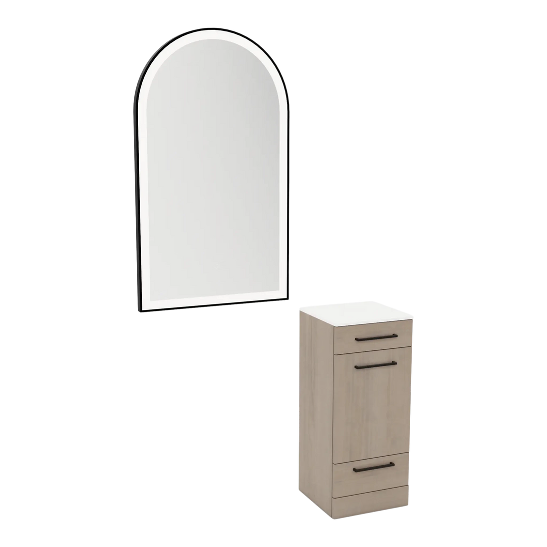 Rococo Mobile Styling Station with Tilt-out Appliance Holder, Solid Surface Countertop, and Black Arch Paloma Mirror - Kaemark