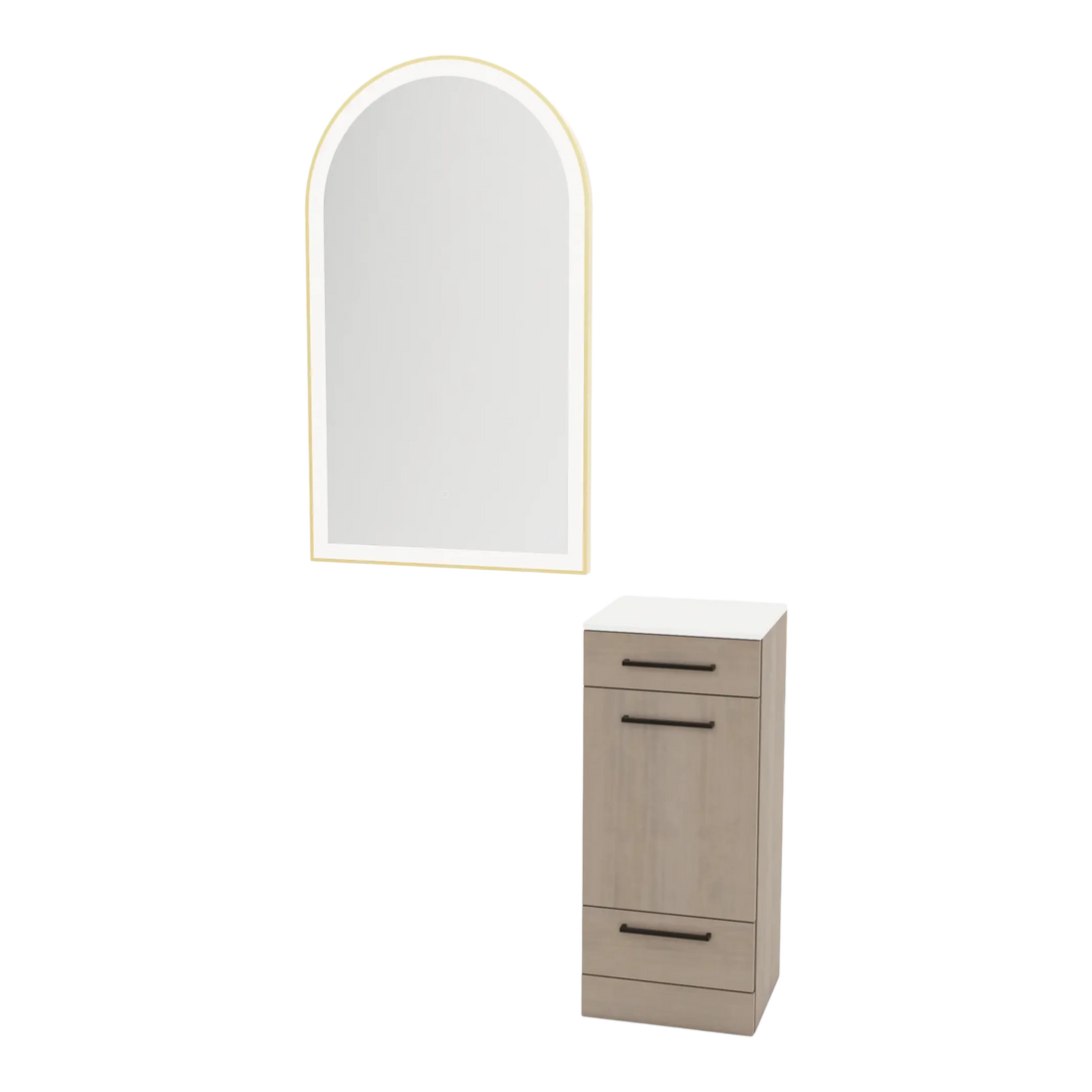 Rococo Mobile Styling Station with Tilt-out Appliance Holder, Solid Surface Countertop, and Gold Arch Paloma Mirror - Kaemark