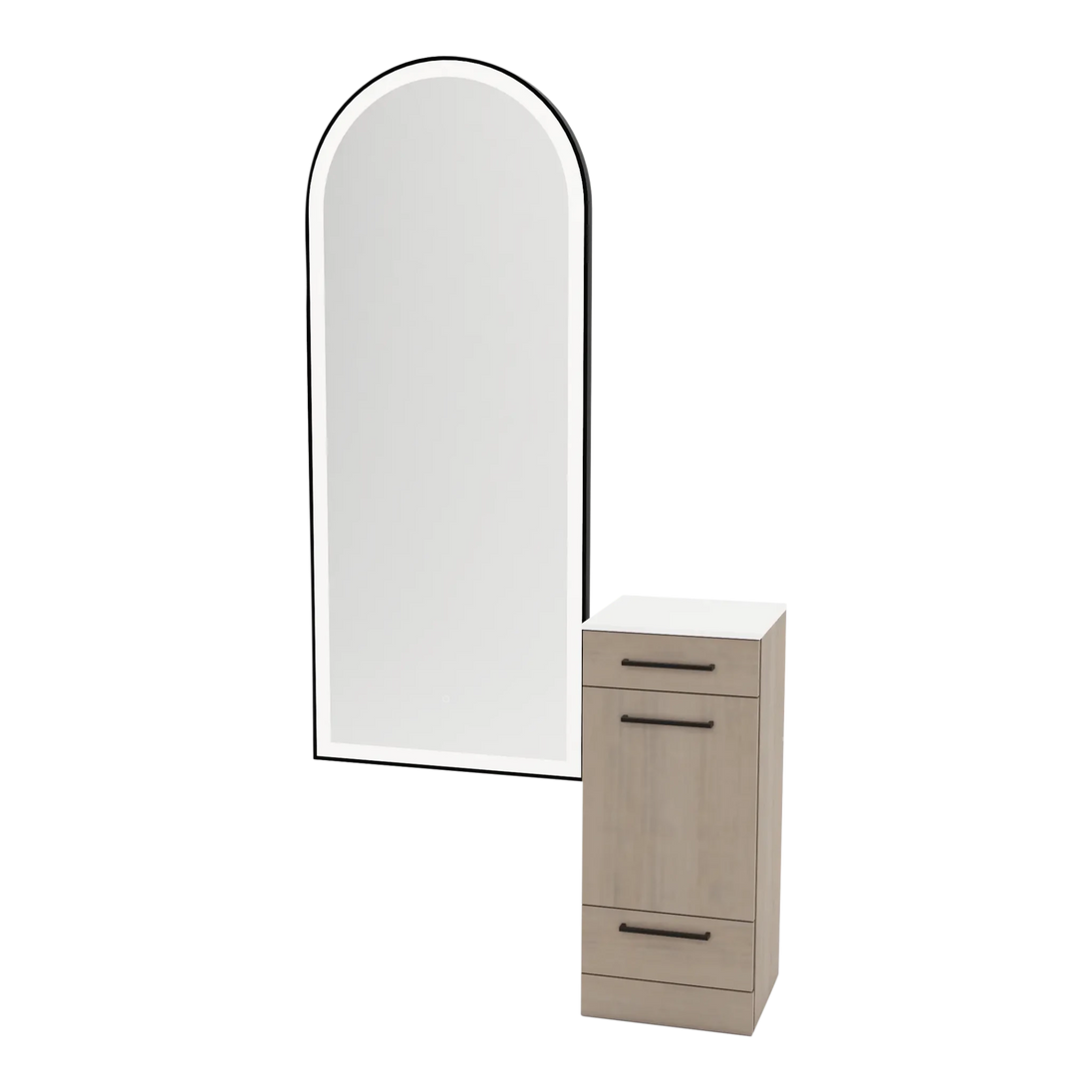 Rococo Mobile Styling Station with Tilt-out Appliance Holder, Solid Surface Countertop, and Black Full-Length Arch Paloma Mirror - Kaemark