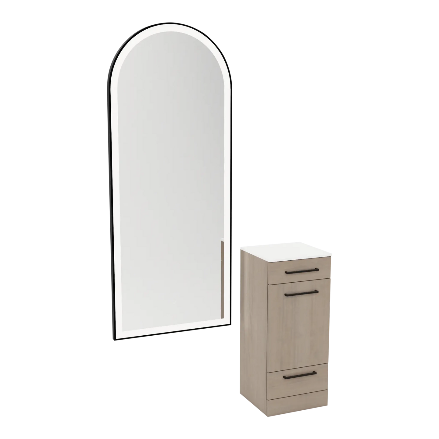 Rococo Mobile Styling Station with Tilt-out Appliance Holder, Solid Surface Countertop, and Black Full-Length Arch Paloma Mirror - Kaemark