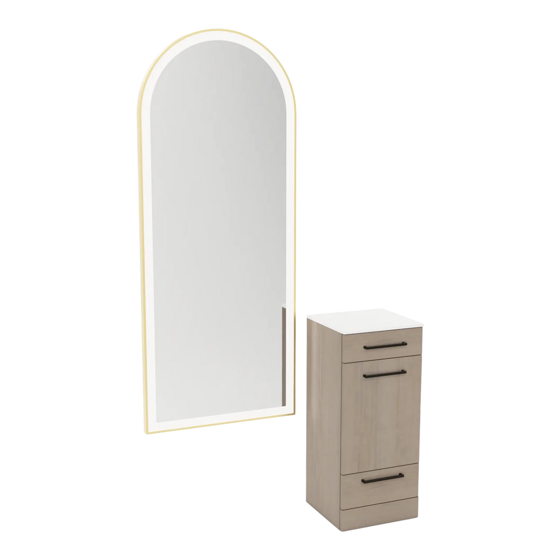 Rococo Mobile Styling Station with Tilt-out Appliance Holder, Solid Surface Countertop, and Gold Full-Length Arch Paloma Mirror - Kaemark