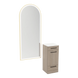 Rococo Mobile Styling Station with Tilt-out Appliance Holder, Solid Surface Countertop, and Gold Full-Length Arch Paloma Mirror - Kaemark