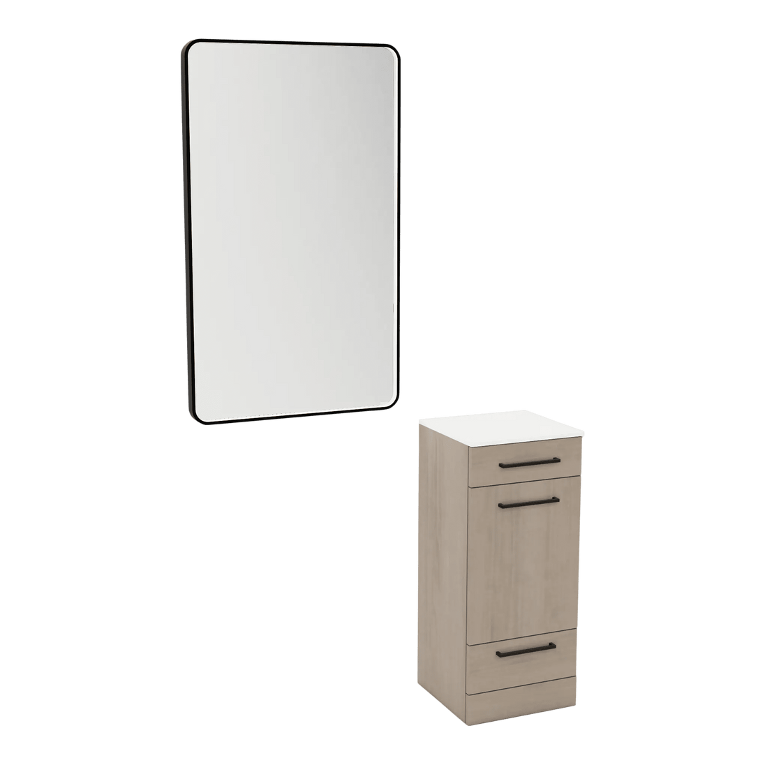 Rococo Mobile Styling Station with Tilt-out Appliance Holder, Solid Surface Countertop, and Black Rectangle Westin Mirror - Kaemark