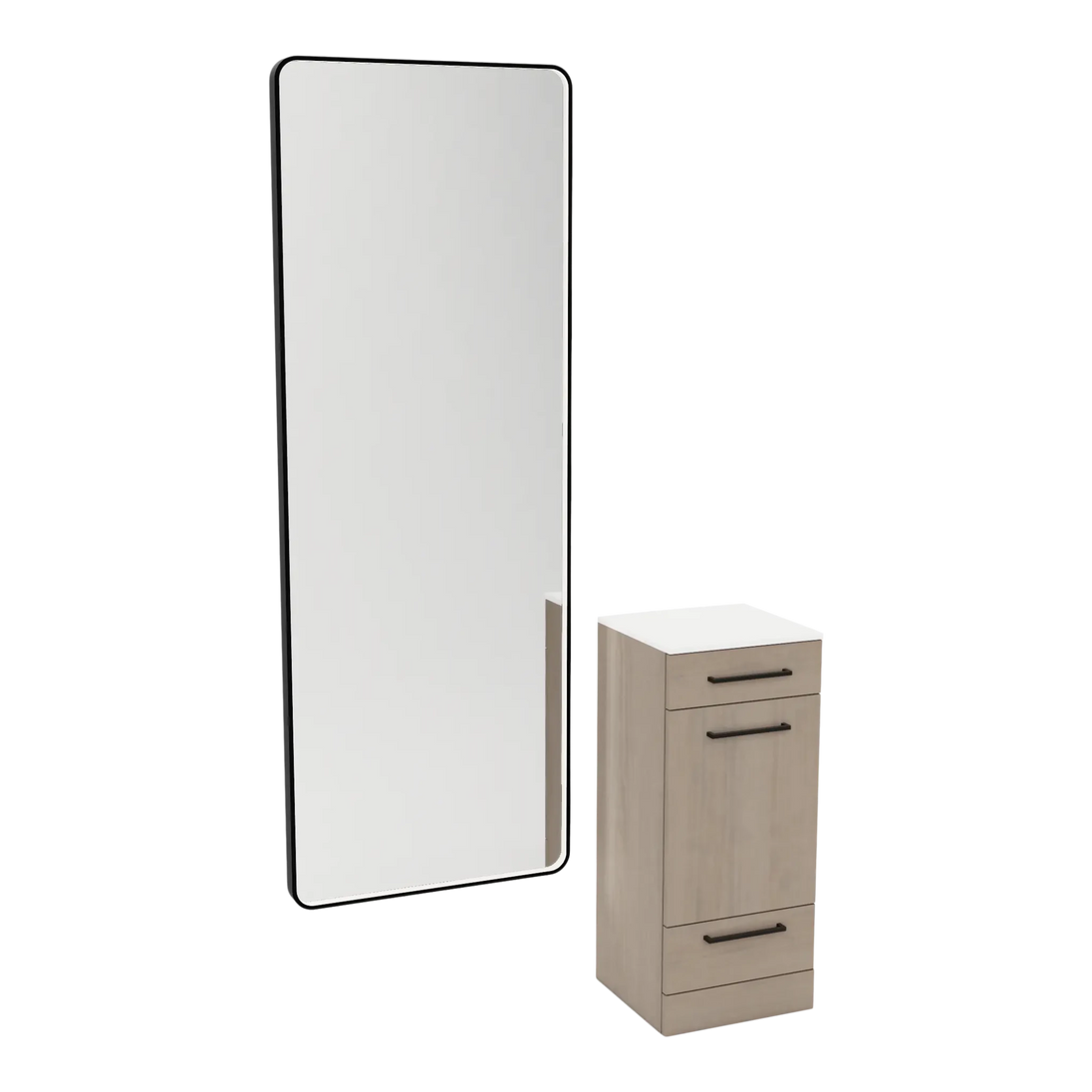 Rococo Mobile Styling Station with Tilt-out Appliance Holder, Solid Surface Countertop, and Black Full-Length Rectangle Westin Mirror - Kaemark