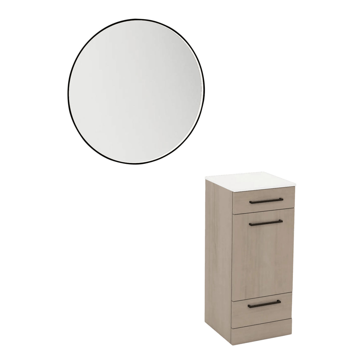 Rococo Mobile Styling Station with Tilt-out Appliance Holder, Solid Surface Countertop, and Black Round Westin Mirror - Kaemark