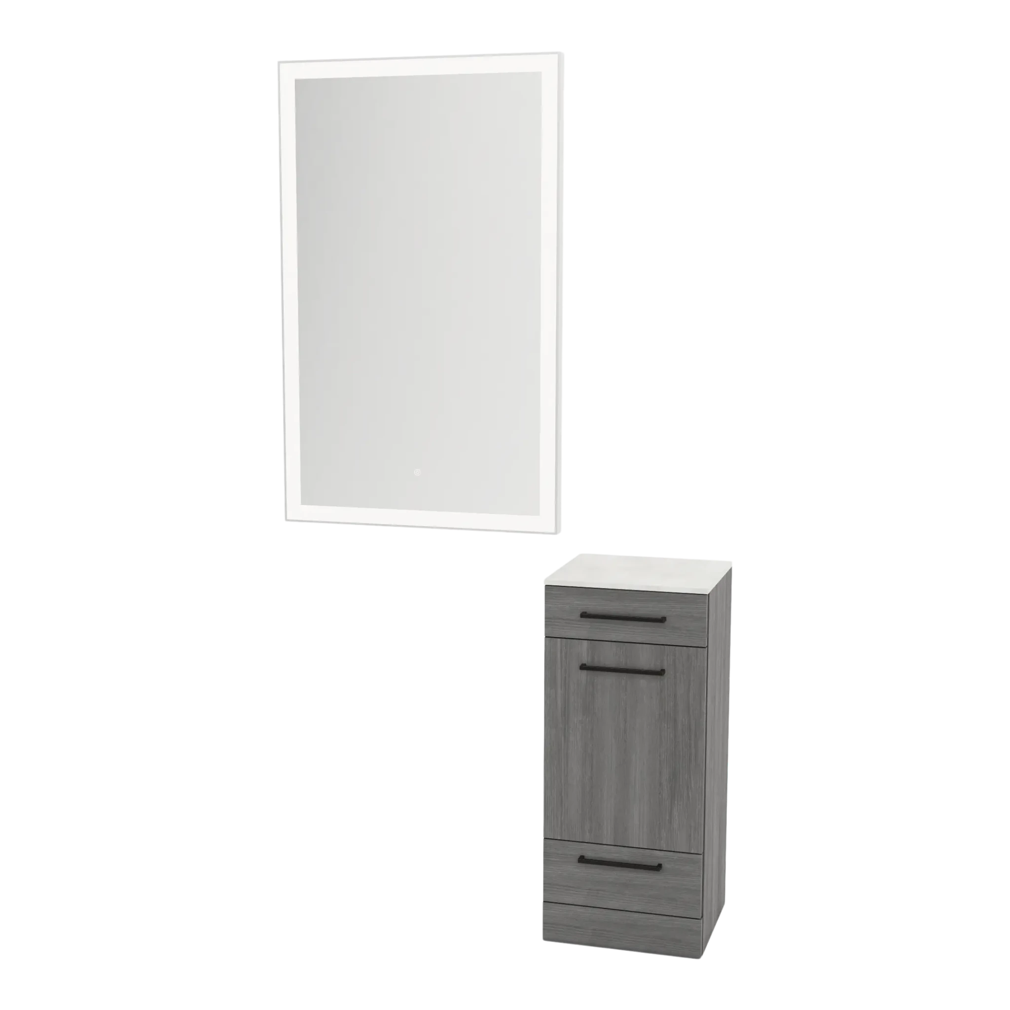 Rococo Mobile Styling Station with Tilt-out Appliance Holder, Solid Surface Countertop, and Silver Rectangle Glo Mirror - Kaemark