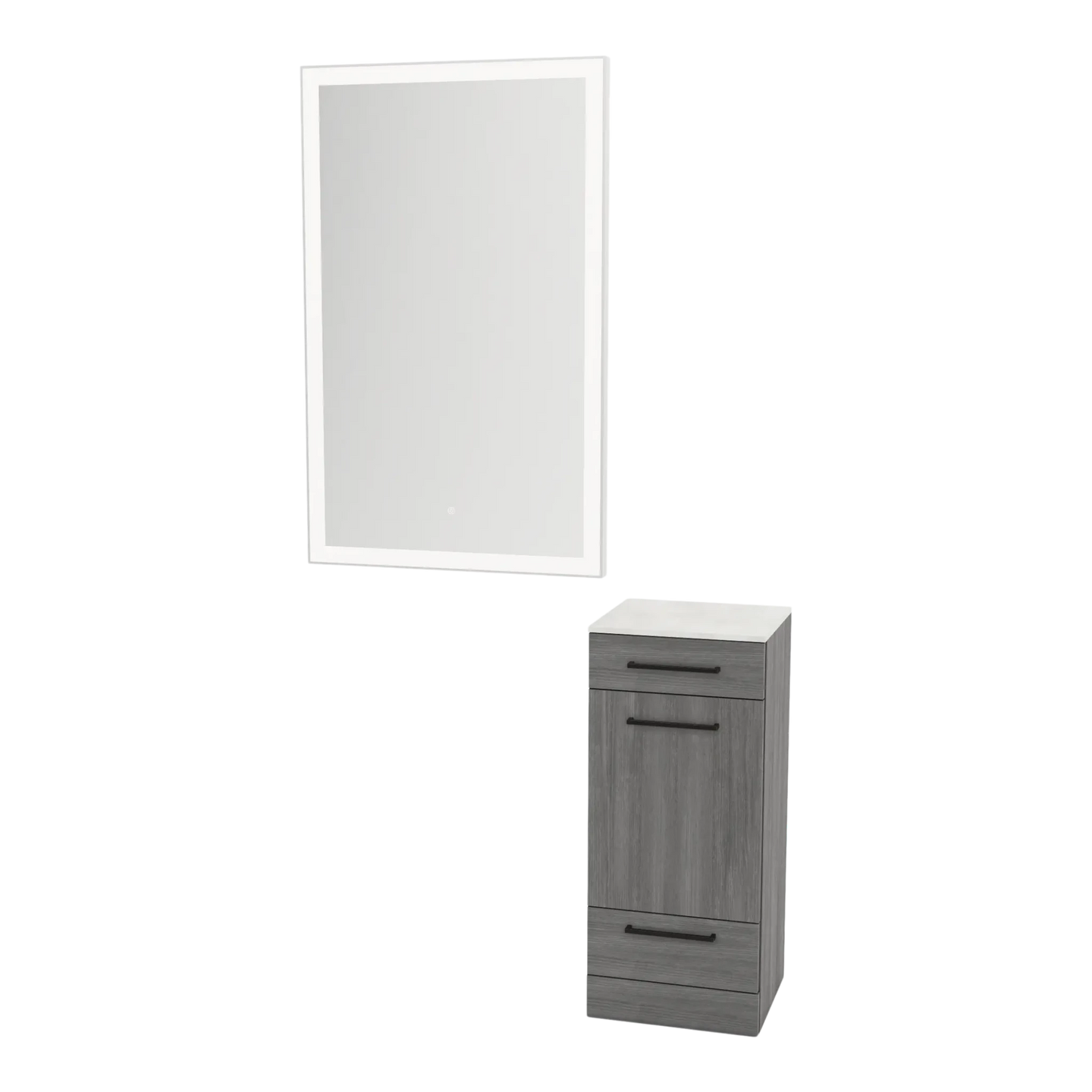Rococo Mobile Styling Station with Tilt-out Appliance Holder, Solid Surface Countertop, and Silver Rectangle Glo Mirror - Kaemark