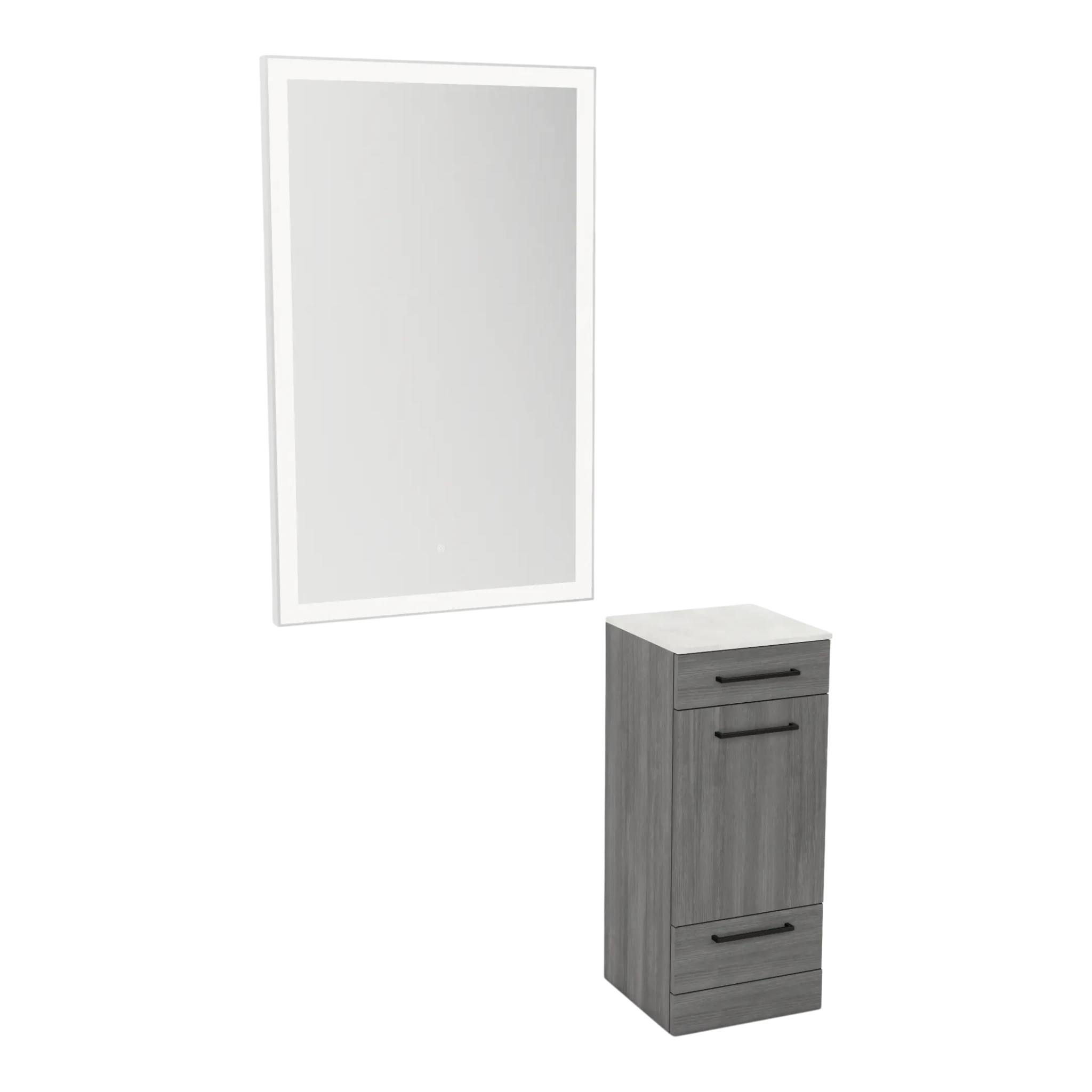 Rococo Mobile Styling Station with Tilt-out Appliance Holder, Solid Surface Countertop, and Silver Rectangle Glo Mirror - Kaemark