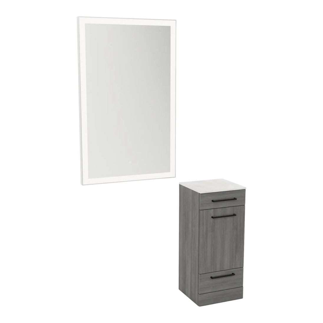 Rococo Mobile Styling Station with Tilt-out Appliance Holder, Solid Surface Countertop, and Silver Rectangle Glo Mirror - Kaemark