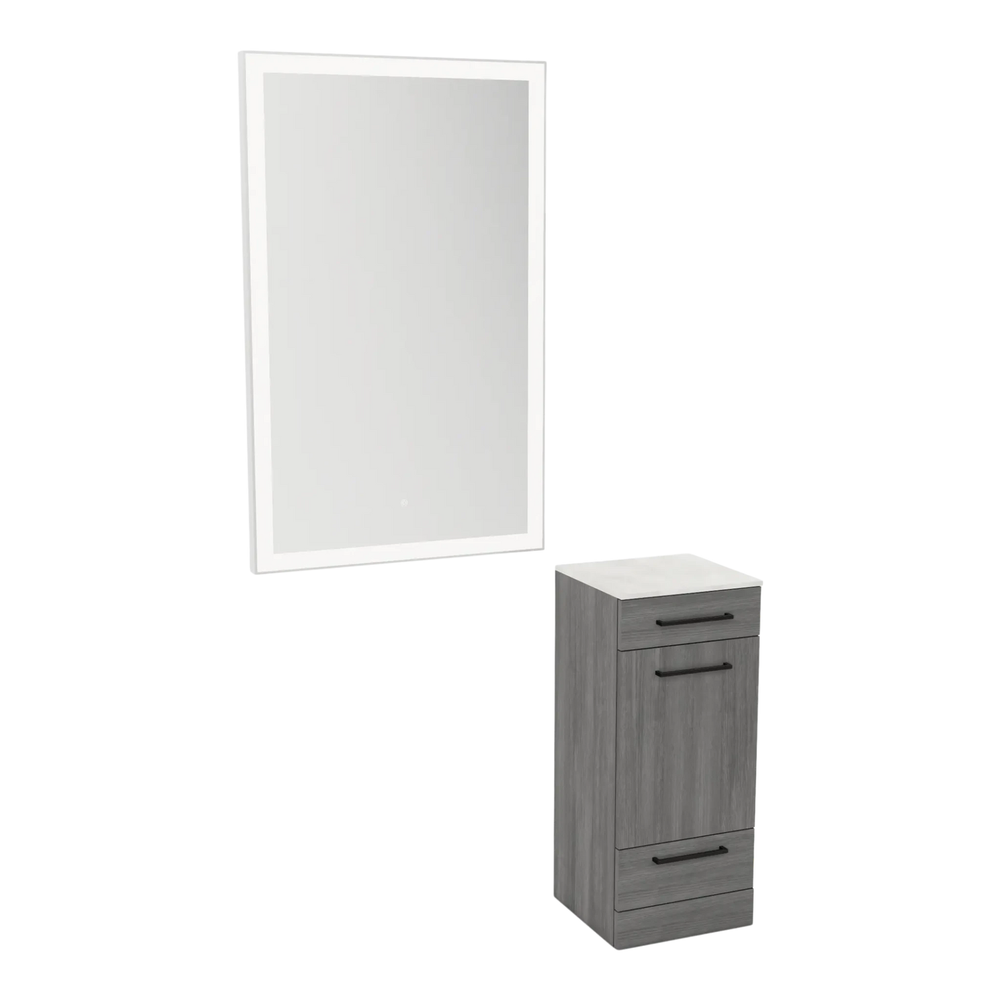 Rococo Mobile Styling Station with Tilt-out Appliance Holder, Solid Surface Countertop, and Silver Rectangle Glo Mirror - Kaemark