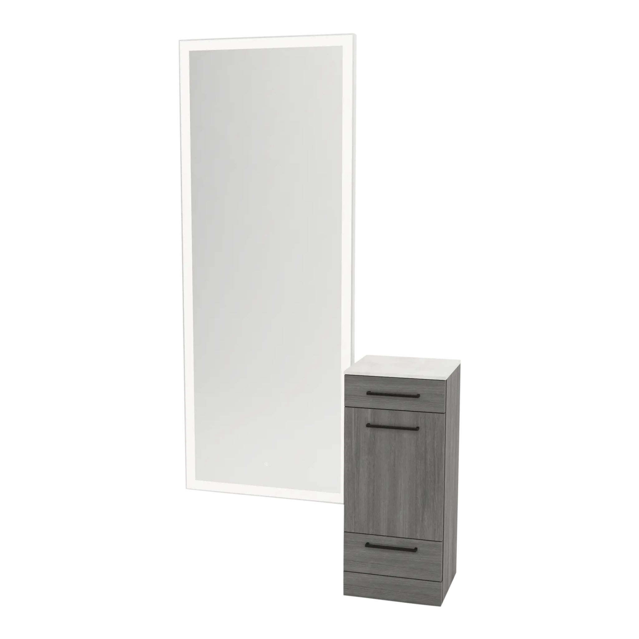 Rococo Mobile Styling Station with Tilt-out Appliance Holder, Solid Surface Countertop, and Silver Full-Length Rectangle Glo Mirror - Kaemark