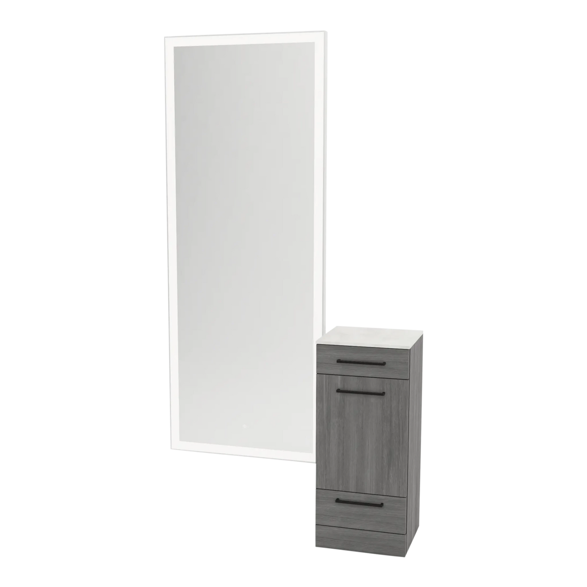 Rococo Mobile Styling Station with Tilt-out Appliance Holder, Solid Surface Countertop, and Silver Full-Length Rectangle Glo Mirror - Kaemark