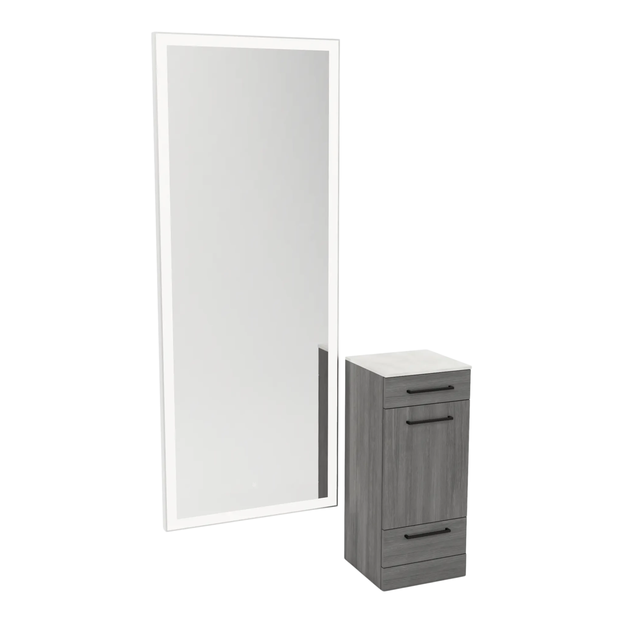 Rococo Mobile Styling Station with Tilt-out Appliance Holder, Solid Surface Countertop, and Silver Full-Length Rectangle Glo Mirror - Kaemark
