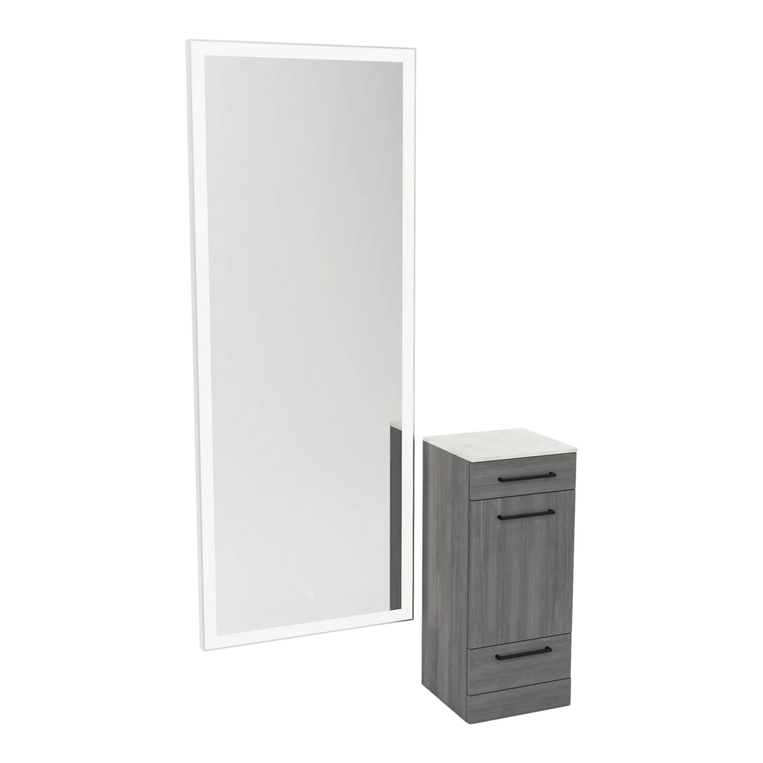 Rococo Mobile Styling Station with Tilt-out Appliance Holder, Solid Surface Countertop, and Silver Full-Length Rectangle Glo Mirror - Kaemark