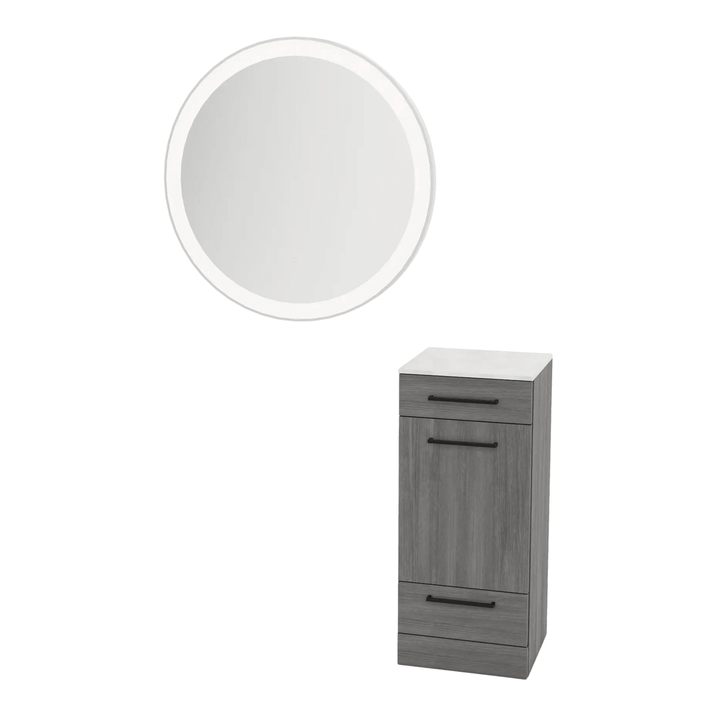Rococo Mobile Styling Station with Tilt-out Appliance Holder, Solid Surface Countertop, and Silver Round Glo Mirror - Kaemark