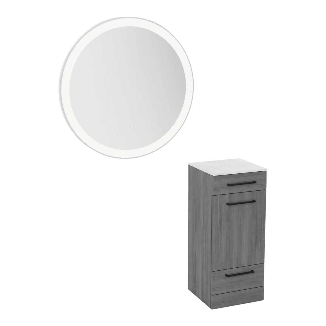 Rococo Mobile Styling Station with Tilt-out Appliance Holder, Solid Surface Countertop, and Silver Round Glo Mirror - Kaemark