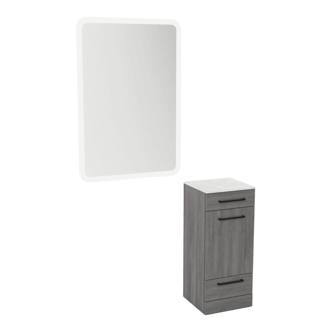 Rococo Mobile Styling Station with Tilt-out Appliance Holder, Solid Surface Countertop, and White Rectangle Illuminate Back Lit Mirror - Kaemark