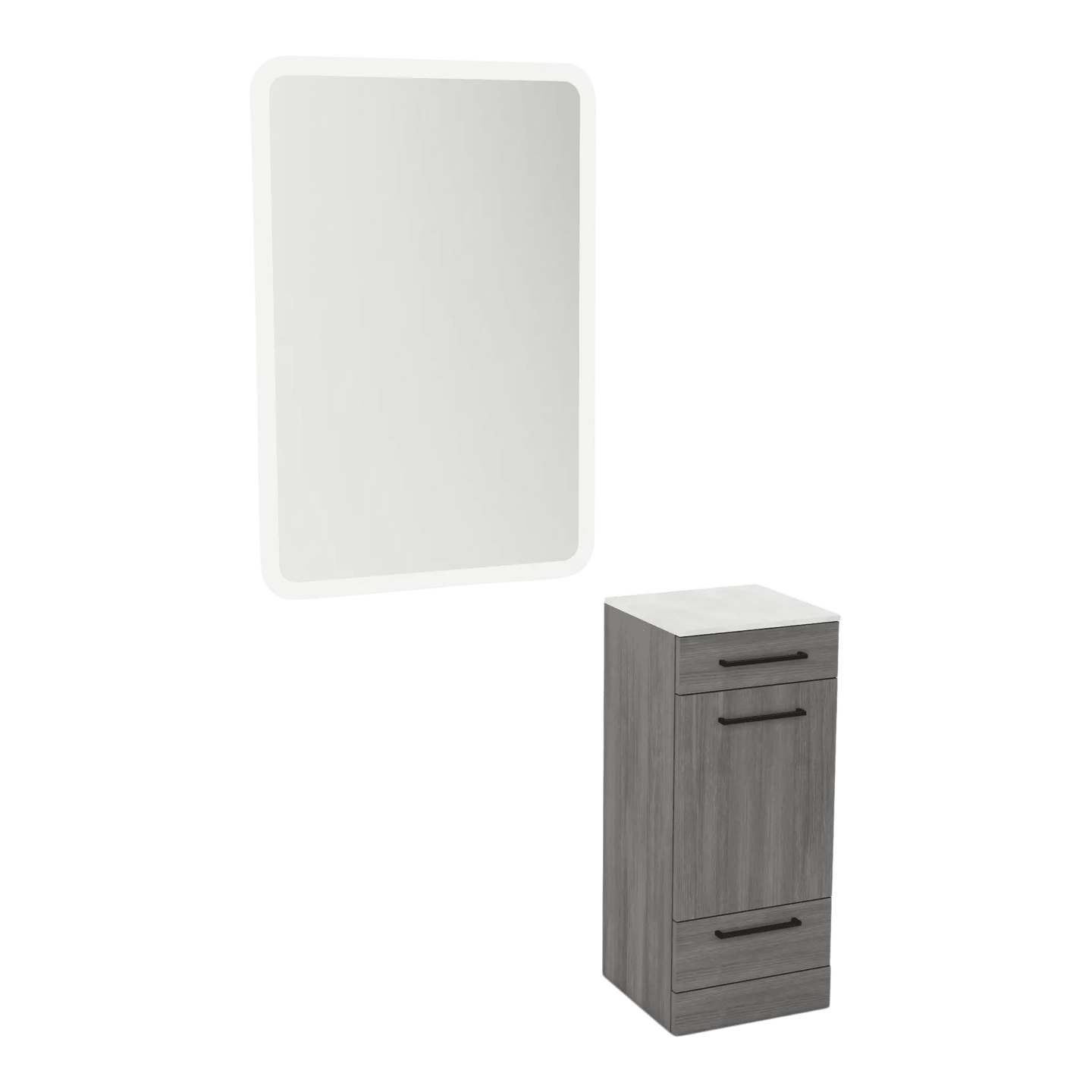 Rococo Mobile Styling Station with Tilt-out Appliance Holder, Solid Surface Countertop, and White Rectangle Illuminate Back Lit Mirror - Kaemark