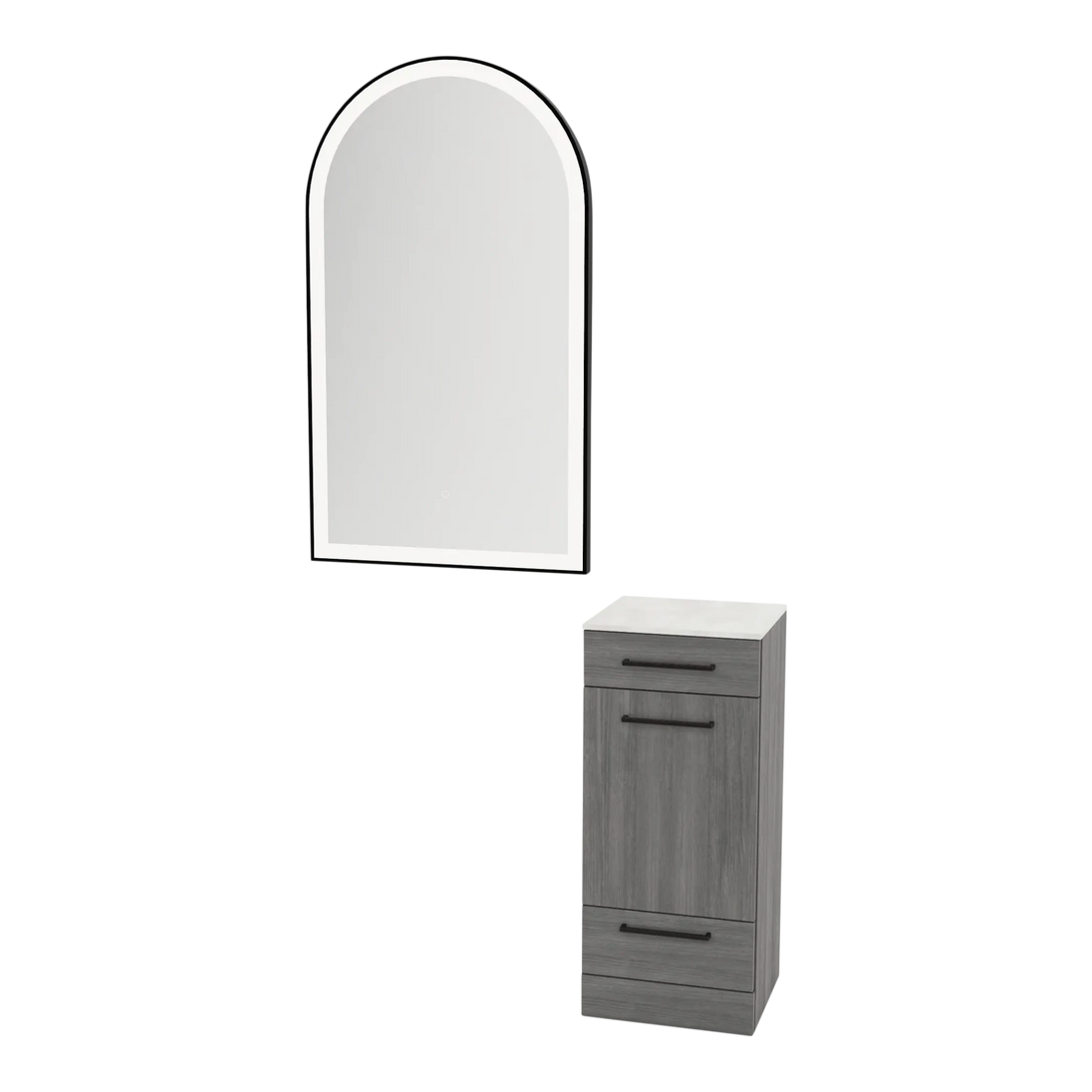 Rococo Mobile Styling Station with Tilt-out Appliance Holder, Solid Surface Countertop, and Black Arch Paloma Mirror - Kaemark