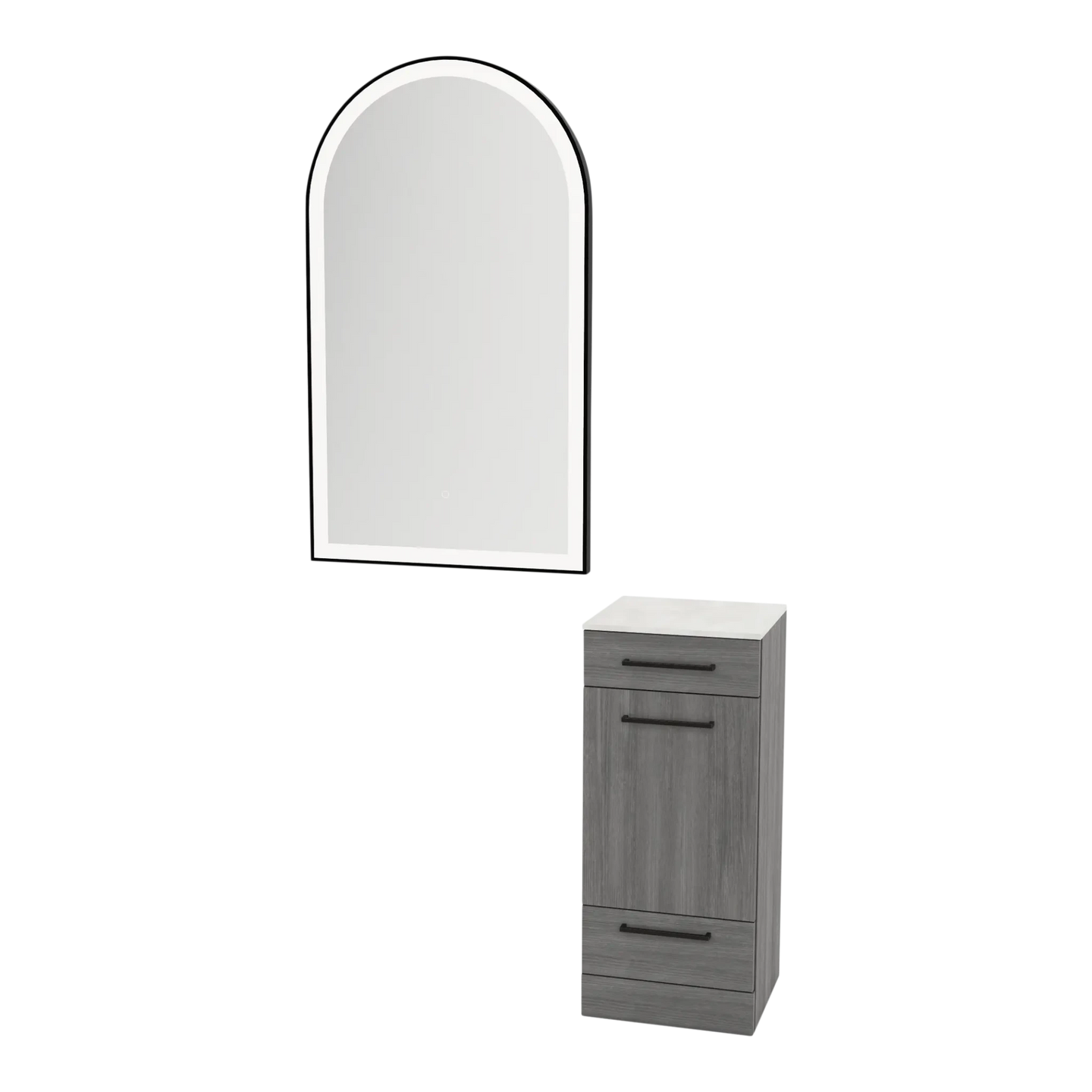 Rococo Mobile Styling Station with Tilt-out Appliance Holder, Solid Surface Countertop, and Black Arch Paloma Mirror - Kaemark