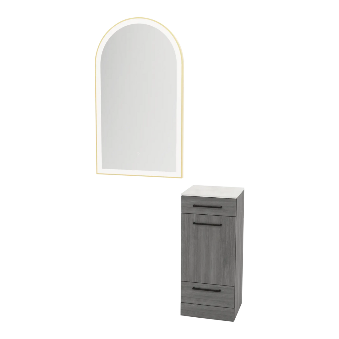 Rococo Mobile Styling Station with Tilt-out Appliance Holder, Solid Surface Countertop, and Gold Arch Paloma Mirror - Kaemark