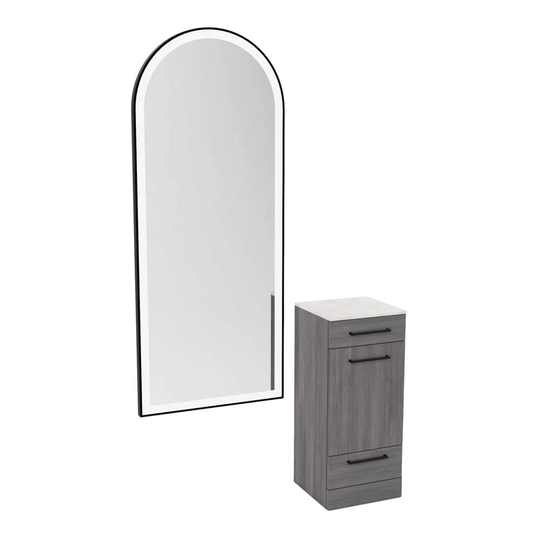 Rococo Mobile Styling Station with Tilt-out Appliance Holder, Solid Surface Countertop, and Black Full-Length Arch Paloma Mirror - Kaemark