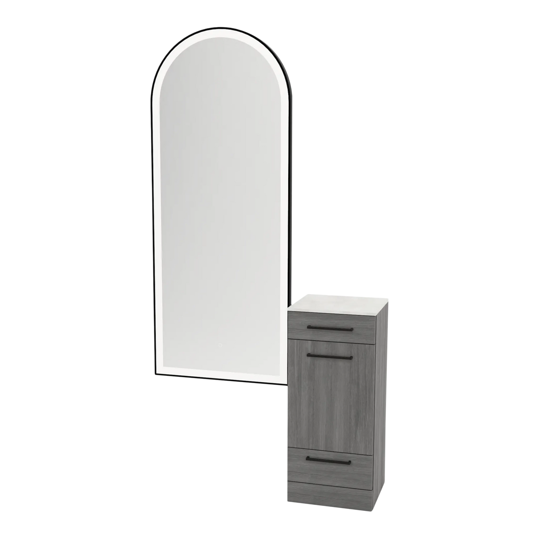 Rococo Mobile Styling Station with Tilt-out Appliance Holder, Solid Surface Countertop, and Black Full-Length Arch Paloma Mirror - Kaemark
