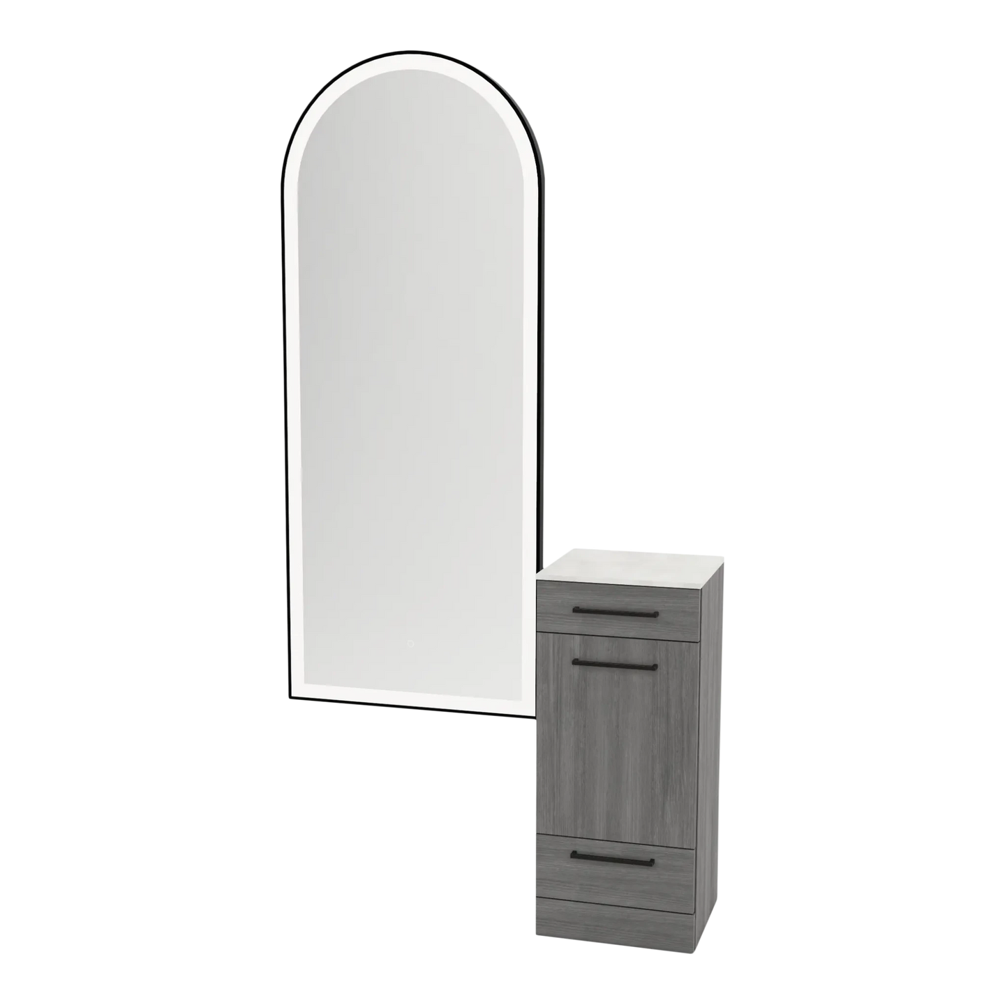 Rococo Mobile Styling Station with Tilt-out Appliance Holder, Solid Surface Countertop, and Black Full-Length Arch Paloma Mirror - Kaemark