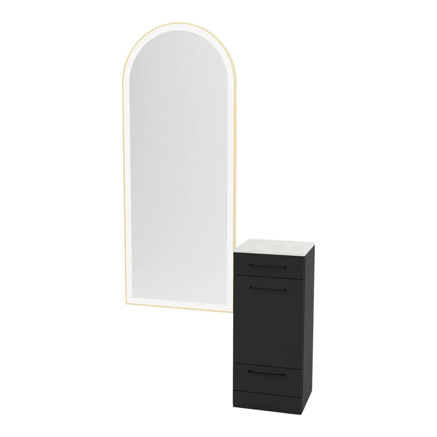 Rococo Mobile Styling Station with Tilt-out Appliance Holder, Solid Surface Countertop, and Gold Full-Length Arch Paloma Mirror - Kaemark