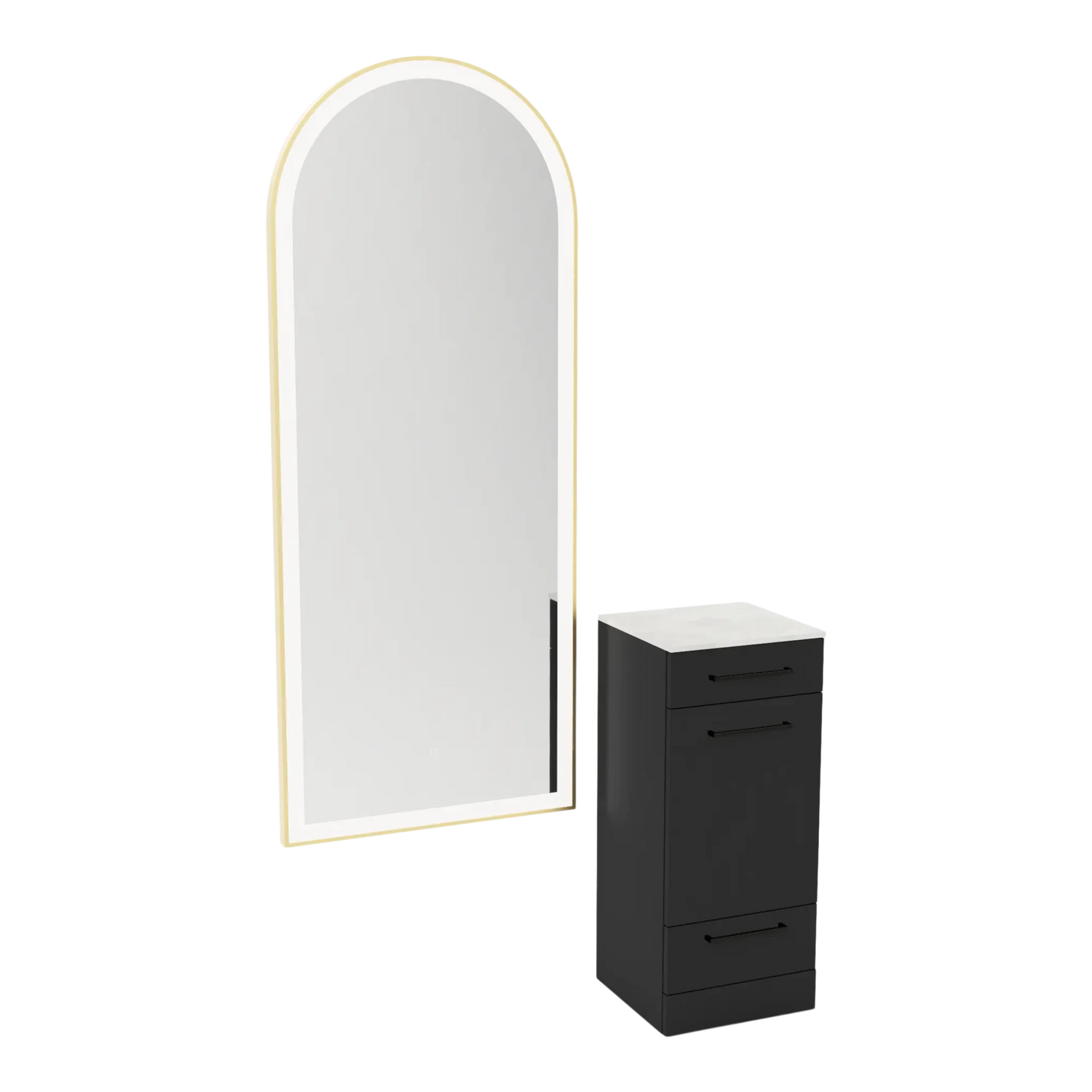 Rococo Mobile Styling Station with Tilt-out Appliance Holder, Solid Surface Countertop, and Gold Full-Length Arch Paloma Mirror - Kaemark