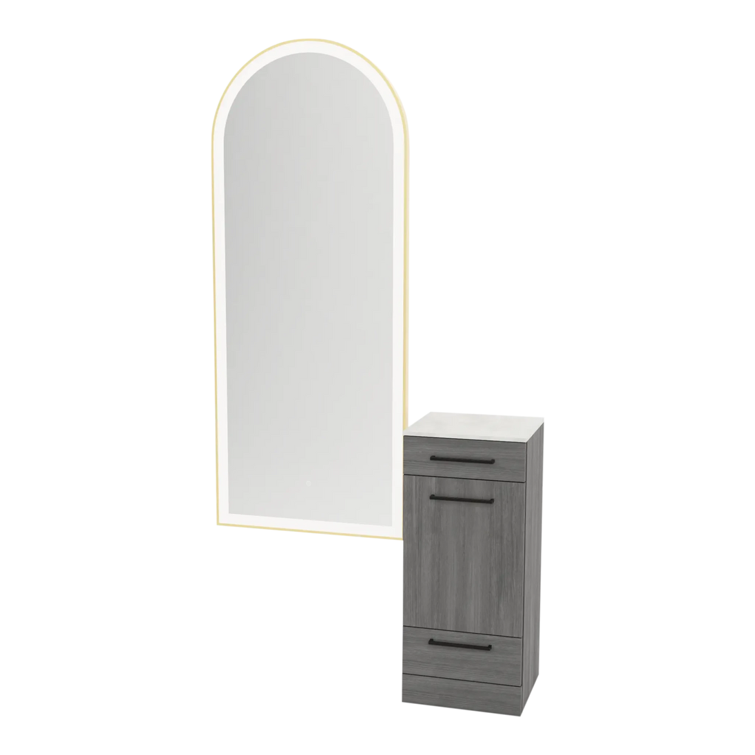 Rococo Mobile Styling Station with Tilt-out Appliance Holder, Solid Surface Countertop, and Gold Full-Length Arch Paloma Mirror - Kaemark