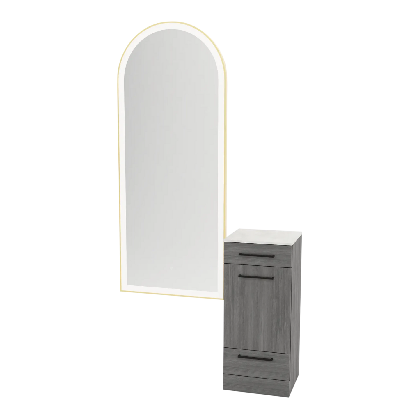Rococo Mobile Styling Station with Tilt-out Appliance Holder, Solid Surface Countertop, and Gold Full-Length Arch Paloma Mirror - Kaemark