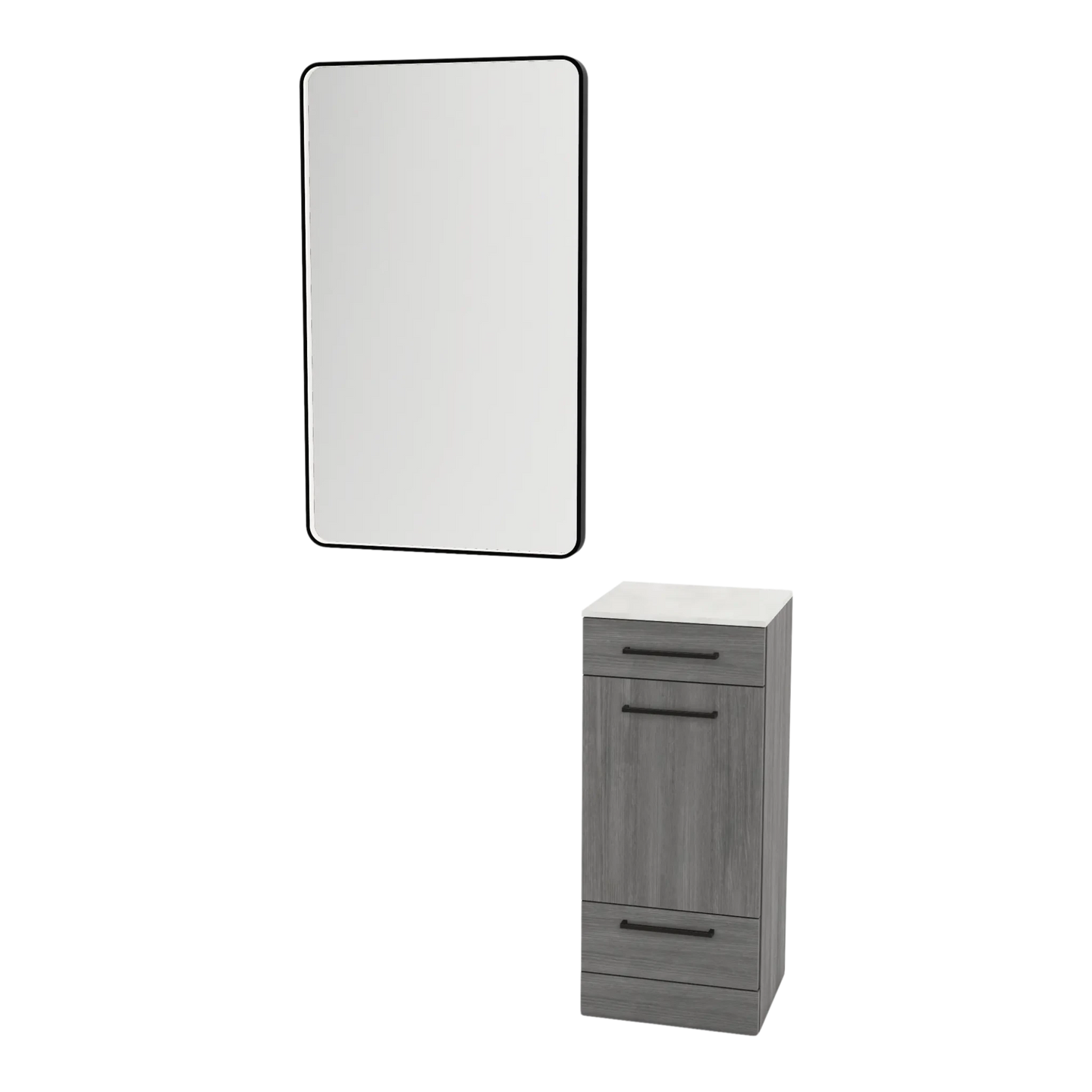 Rococo Mobile Styling Station with Tilt-out Appliance Holder, Solid Surface Countertop, and Black Rectangle Westin Mirror - Kaemark