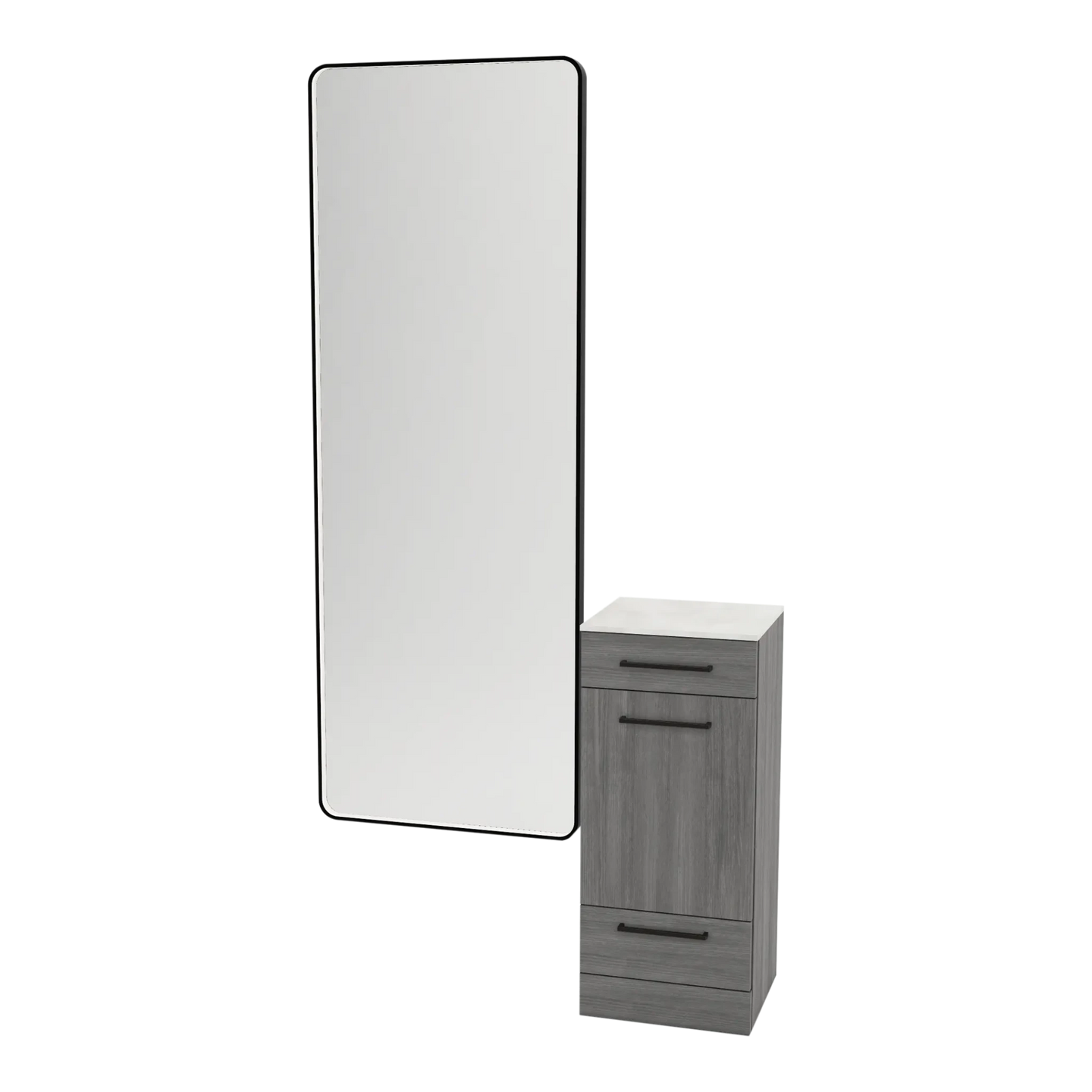 Rococo Mobile Styling Station with Tilt-out Appliance Holder, Solid Surface Countertop, and Black Full-Length Rectangle Westin Mirror - Kaemark
